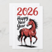 Happy New Year 2026 Card Red Horse Illustration シーズンカード (正面/裏面)