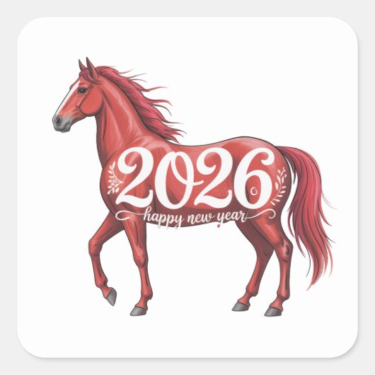 Happy New Year 2026 Chinese Red Horse  スクエアシール (正面)