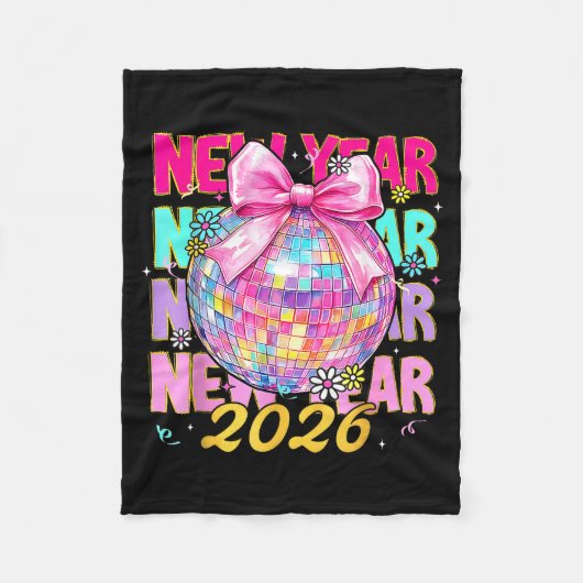 Happy New Year 2026 Coquette Bow & Disco Ball フリースブランケット (正面)
