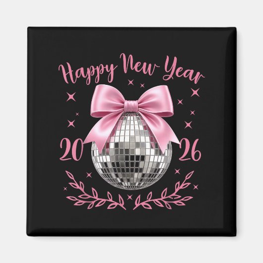 Happy New Year 2026 Coquette Nk Bow Disco Ball Wom マグネット (正面)
