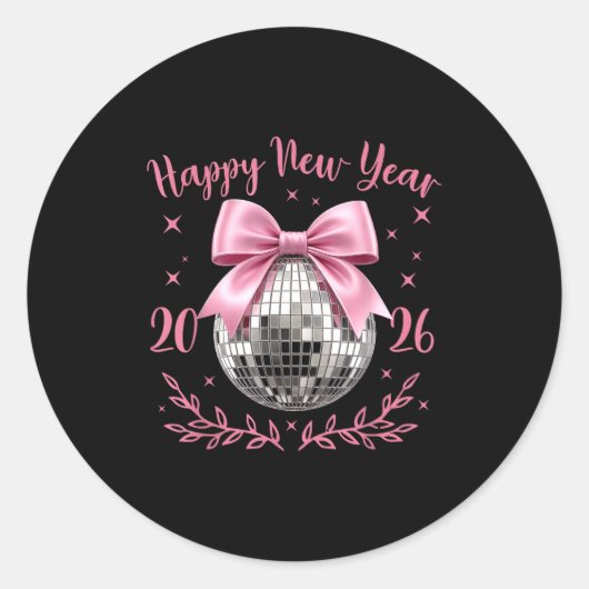 Happy New Year 2026 Coquette Nk Bow Disco Ball Wom ラウンドシール (正面)
