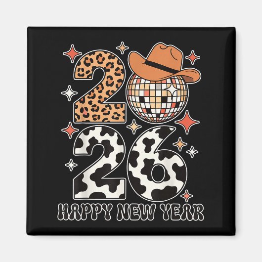 Happy New Year 2026 Cowgirl Disco Ball Western Leo マグネット (正面)