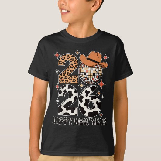 Happy New Year 2026 Cowgirl Disco Ball Western Leo Tシャツ (正面)