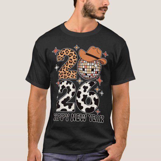 Happy New Year 2026 Cowgirl Disco Ball Western Leo Tシャツ (正面)