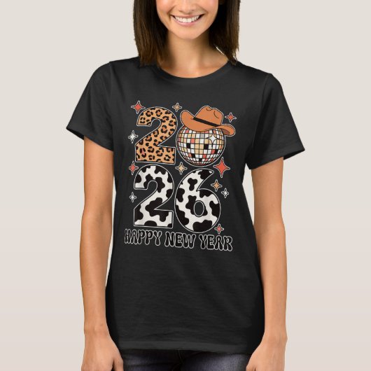 Happy New Year 2026 Cowgirl Disco Ball Western Leo Tシャツ (正面)