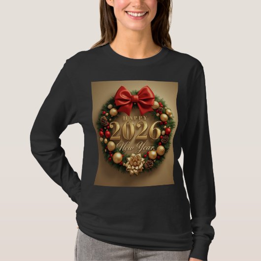 happy new year 2026 cozy wreath long sleeve tシャツ (正面)