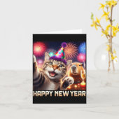 Happy New Year 2026 Cute Cat Capybara Party Art  カード (黄色い花)