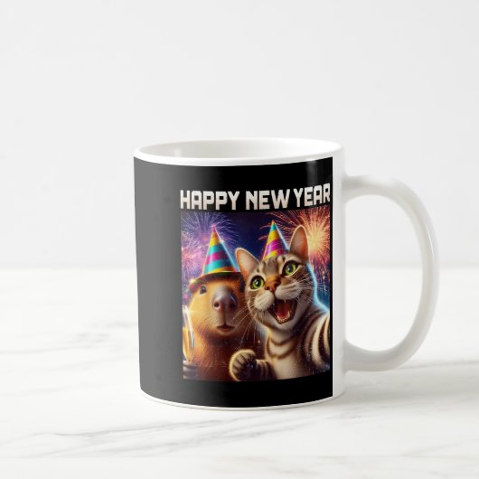 Happy New Year 2026 Cute Cat Capybara Party Art コーヒーマグカップ (右)