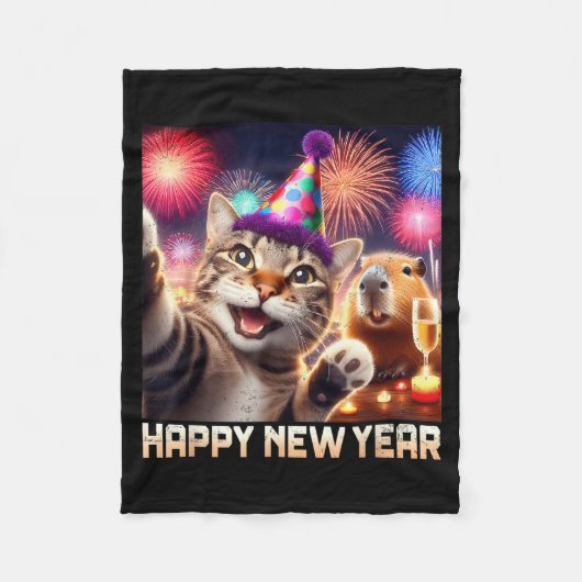 Happy New Year 2026 Cute Cat Capybara Party Art  フリースブランケット (正面)