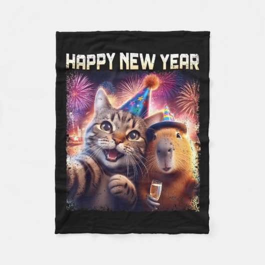 Happy New Year 2026 Cute Cat Capybara Party Art  フリースブランケット (正面)