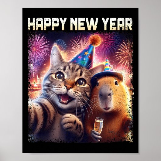 Happy New Year 2026 Cute Cat Capybara Party Art  ポスター (正面)