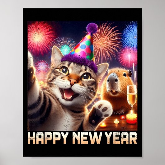 Happy New Year 2026 Cute Cat Capybara Party Art  ポスター (正面)