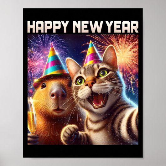Happy New Year 2026 Cute Cat Capybara Party Art  ポスター (正面)