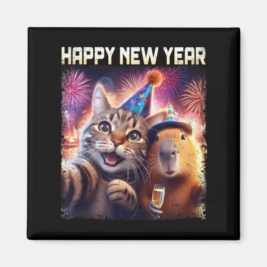 Happy New Year 2026 Cute Cat Capybara Party Art マグネット (正面)