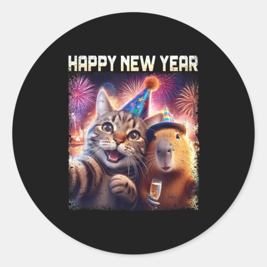 Happy New Year 2026 Cute Cat Capybara Party Art  ラウンドシール (正面)