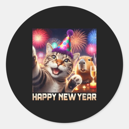 Happy New Year 2026 Cute Cat Capybara Party Art  ラウンドシール (正面)