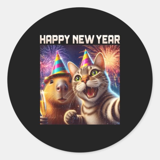 Happy New Year 2026 Cute Cat Capybara Party Art  ラウンドシール (正面)