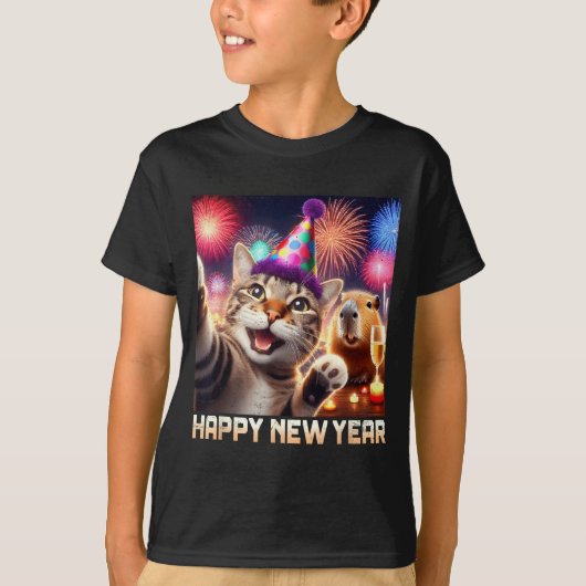 Happy New Year 2026 Cute Cat Capybara Party Art  Tシャツ (正面)