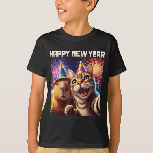 Happy New Year 2026 Cute Cat Capybara Party Art Tシャツ (正面)