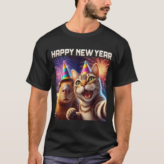 Happy New Year 2026 Cute Cat Capybara Party Art  Tシャツ (正面)