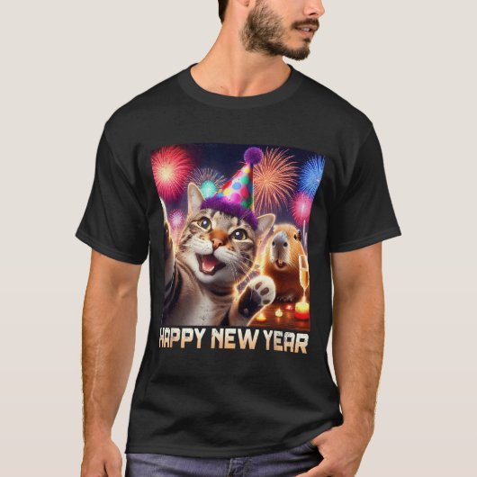 Happy New Year 2026 Cute Cat Capybara Party Art  Tシャツ (正面)