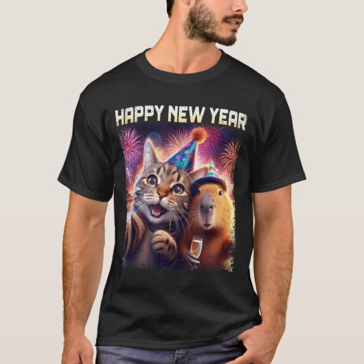 Happy New Year 2026 Cute Cat Capybara Party Art  Tシャツ (正面)