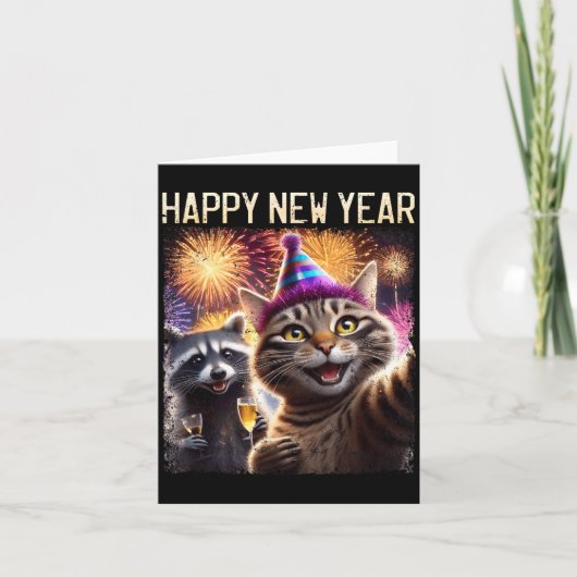 Happy New Year 2026 Cute Cat Raccoon Celebration カード (正面)