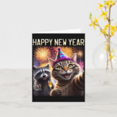 Happy New Year 2026 Cute Cat Raccoon Celebration カード (黄色い花)