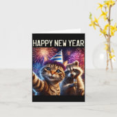 Happy New Year 2026 Cute Cat Raccoon Celebration  カード (黄色い花)