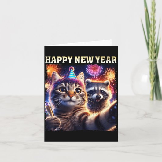 Happy New Year 2026 Cute Cat Raccoon Celebration  カード (正面)