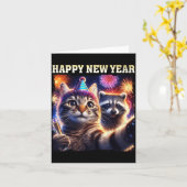 Happy New Year 2026 Cute Cat Raccoon Celebration  カード (黄色い花)