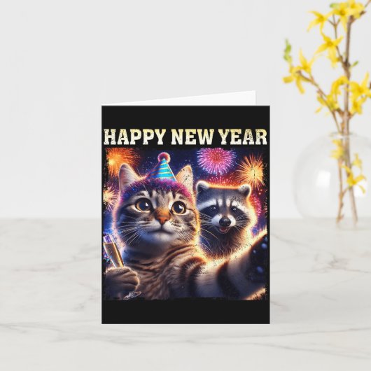 Happy New Year 2026 Cute Cat Raccoon Celebration  カード (黄色い花)