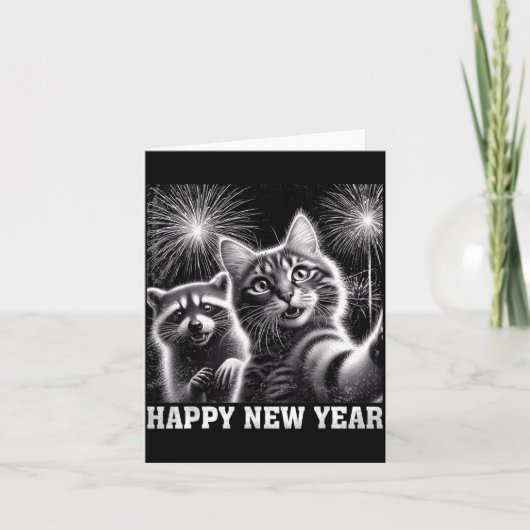 Happy New Year 2026 Cute Cat Raccoon Celebration  カード (正面)