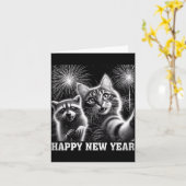 Happy New Year 2026 Cute Cat Raccoon Celebration  カード (黄色い花)