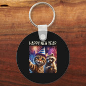 Happy New Year 2026 Cute Cat Raccoon Celebration  キーホルダー (正面)