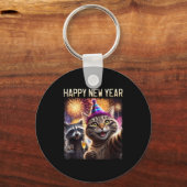 Happy New Year 2026 Cute Cat Raccoon Celebration  キーホルダー (正面)