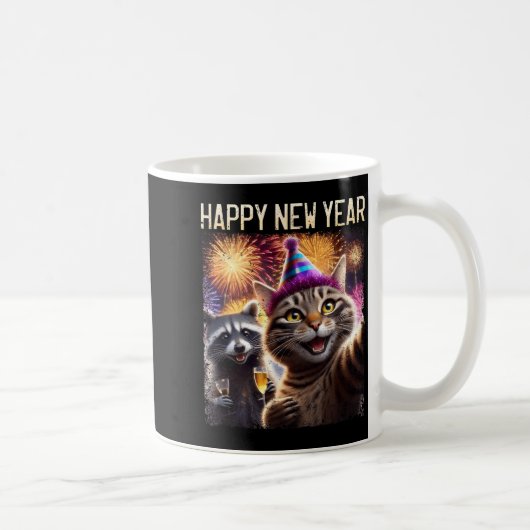 Happy New Year 2026 Cute Cat Raccoon Celebration  コーヒーマグカップ (右)