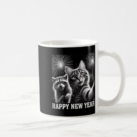 Happy New Year 2026 Cute Cat Raccoon Celebration コーヒーマグカップ (右)