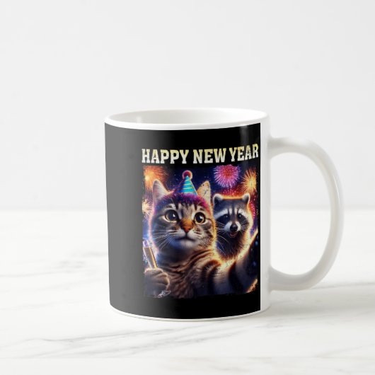 Happy New Year 2026 Cute Cat Raccoon Celebration  コーヒーマグカップ (右)