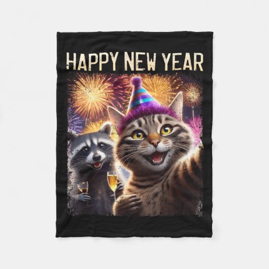 Happy New Year 2026 Cute Cat Raccoon Celebration  フリースブランケット (正面)