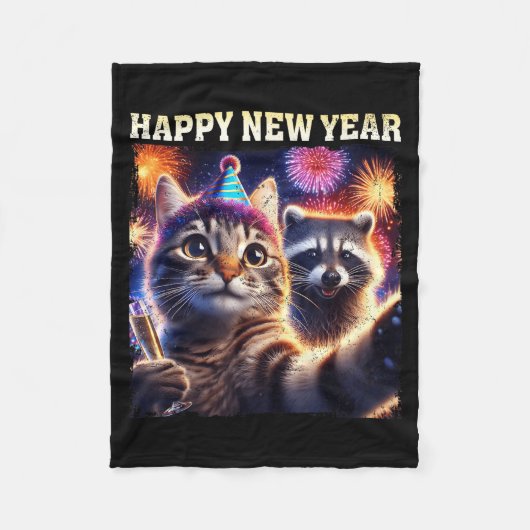 Happy New Year 2026 Cute Cat Raccoon Celebration  フリースブランケット (正面)