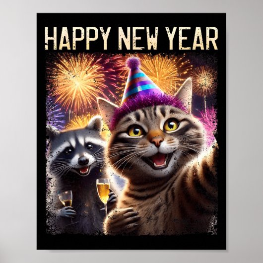 Happy New Year 2026 Cute Cat Raccoon Celebration  ポスター (正面)