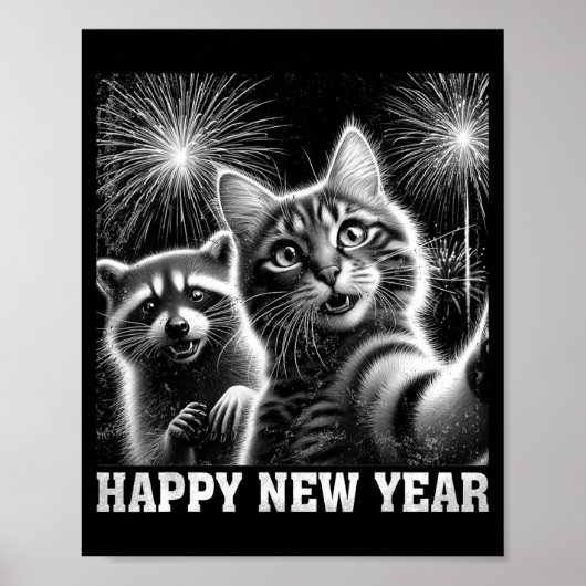 Happy New Year 2026 Cute Cat Raccoon Celebration  ポスター (正面)