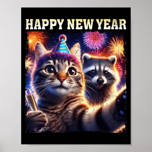 Happy New Year 2026 Cute Cat Raccoon Celebration ポスター (正面)