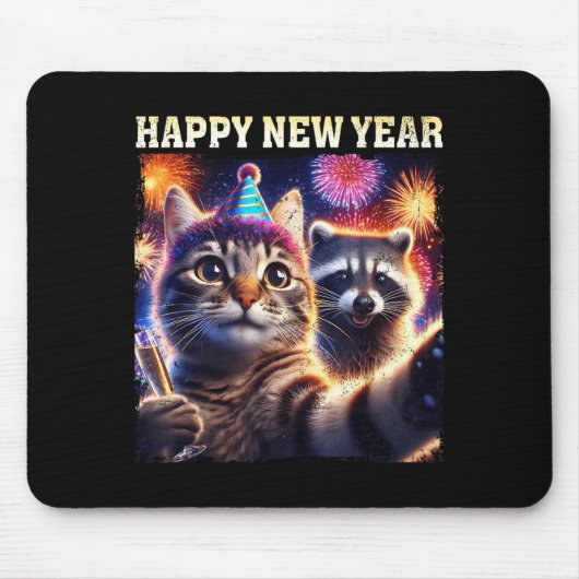 Happy New Year 2026 Cute Cat Raccoon Celebration  マウスパッド (正面)
