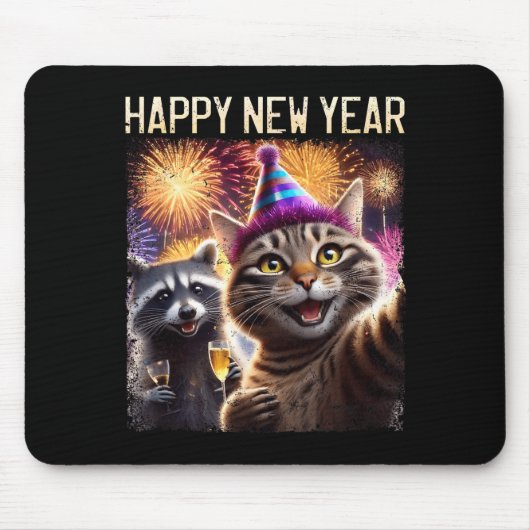 Happy New Year 2026 Cute Cat Raccoon Celebration  マウスパッド (正面)
