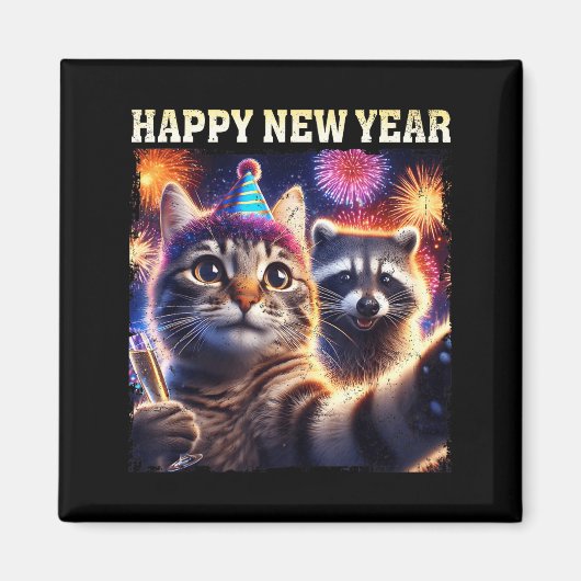 Happy New Year 2026 Cute Cat Raccoon Celebration  マグネット (正面)