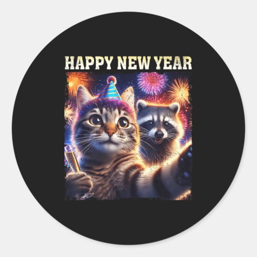 Happy New Year 2026 Cute Cat Raccoon Celebration  ラウンドシール (正面)