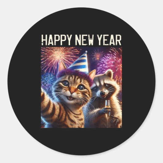 Happy New Year 2026 Cute Cat Raccoon Celebration  ラウンドシール (正面)