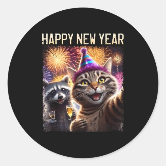 Happy New Year 2026 Cute Cat Raccoon Celebration  ラウンドシール (正面)